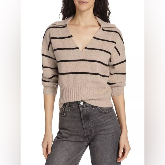 REFORMATION Beckie Cashmere Collared Sweater in Barely With Black Stripe M - Picture 2 of 7